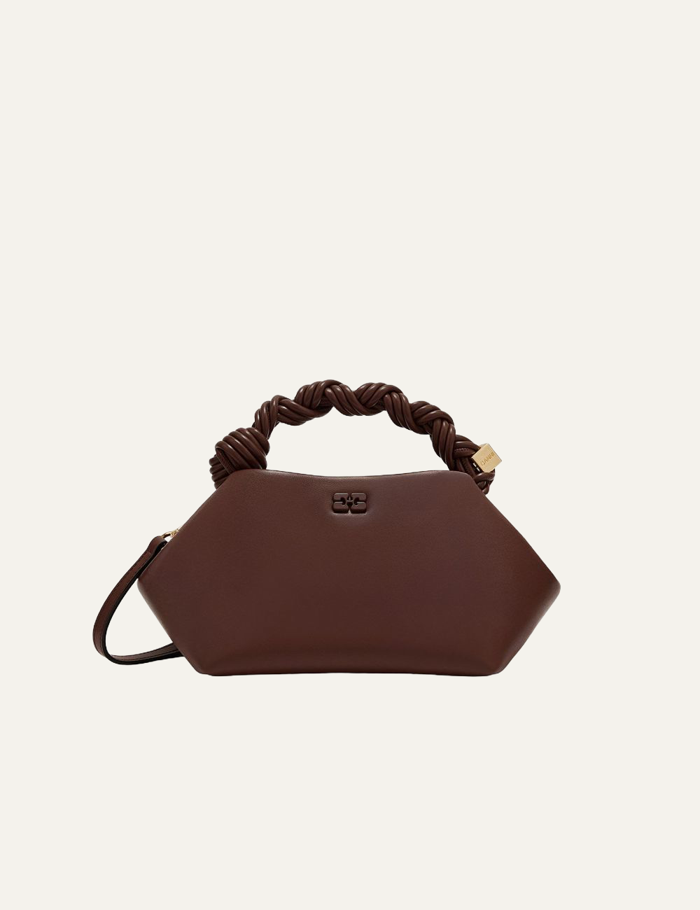 Ganni Bou Bag Small in chocolate fondant with twisted handle.
