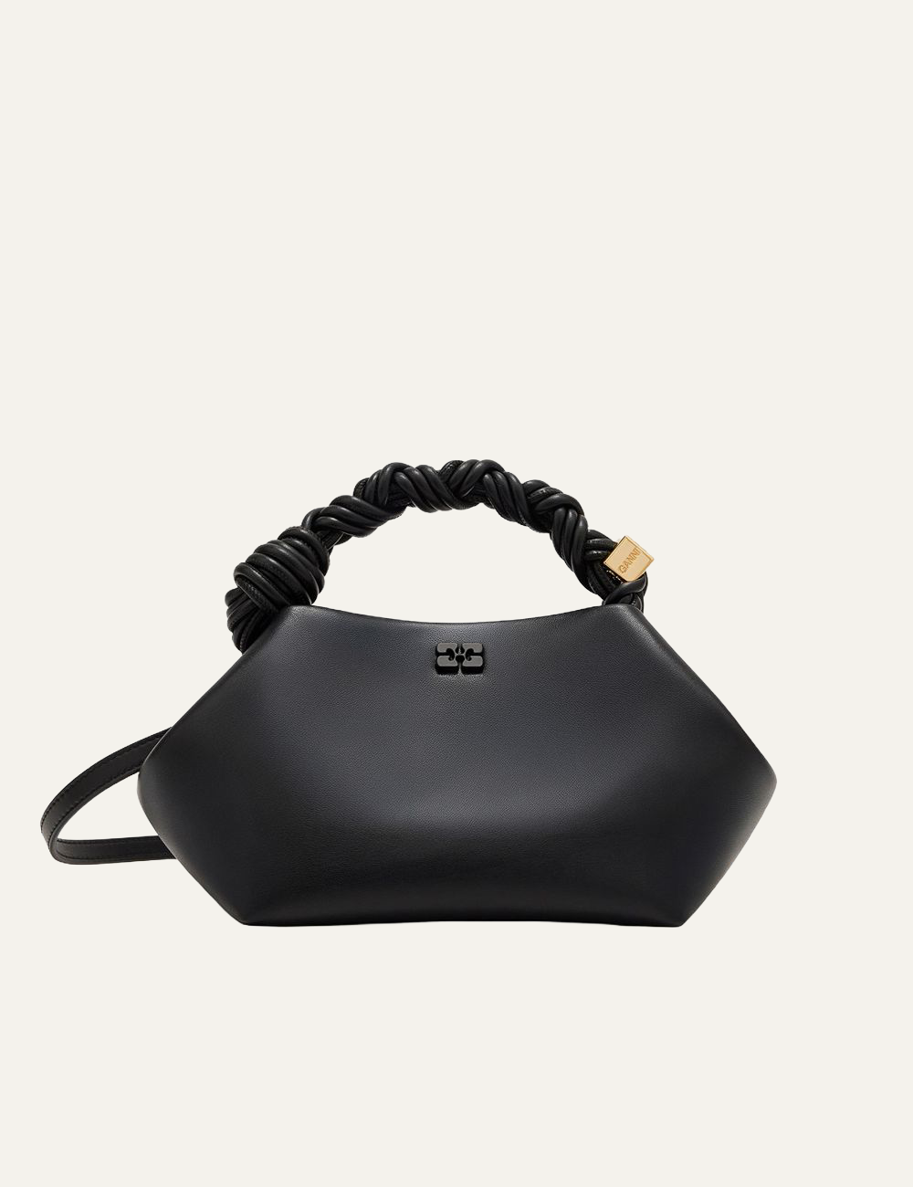 Front view of black Ganni Bou Bag Small with twisted handle.