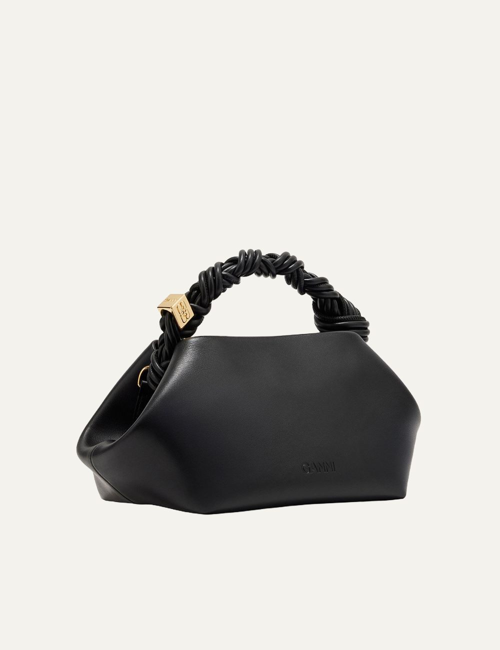 Side view of black Ganni Bou Bag Small with twisted handle.