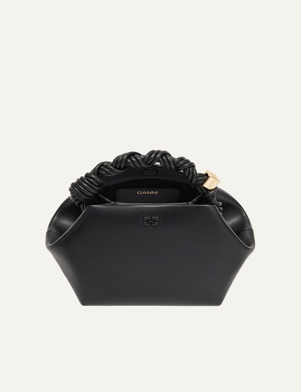 Open black Ganni Bou Bag Small showing interior.