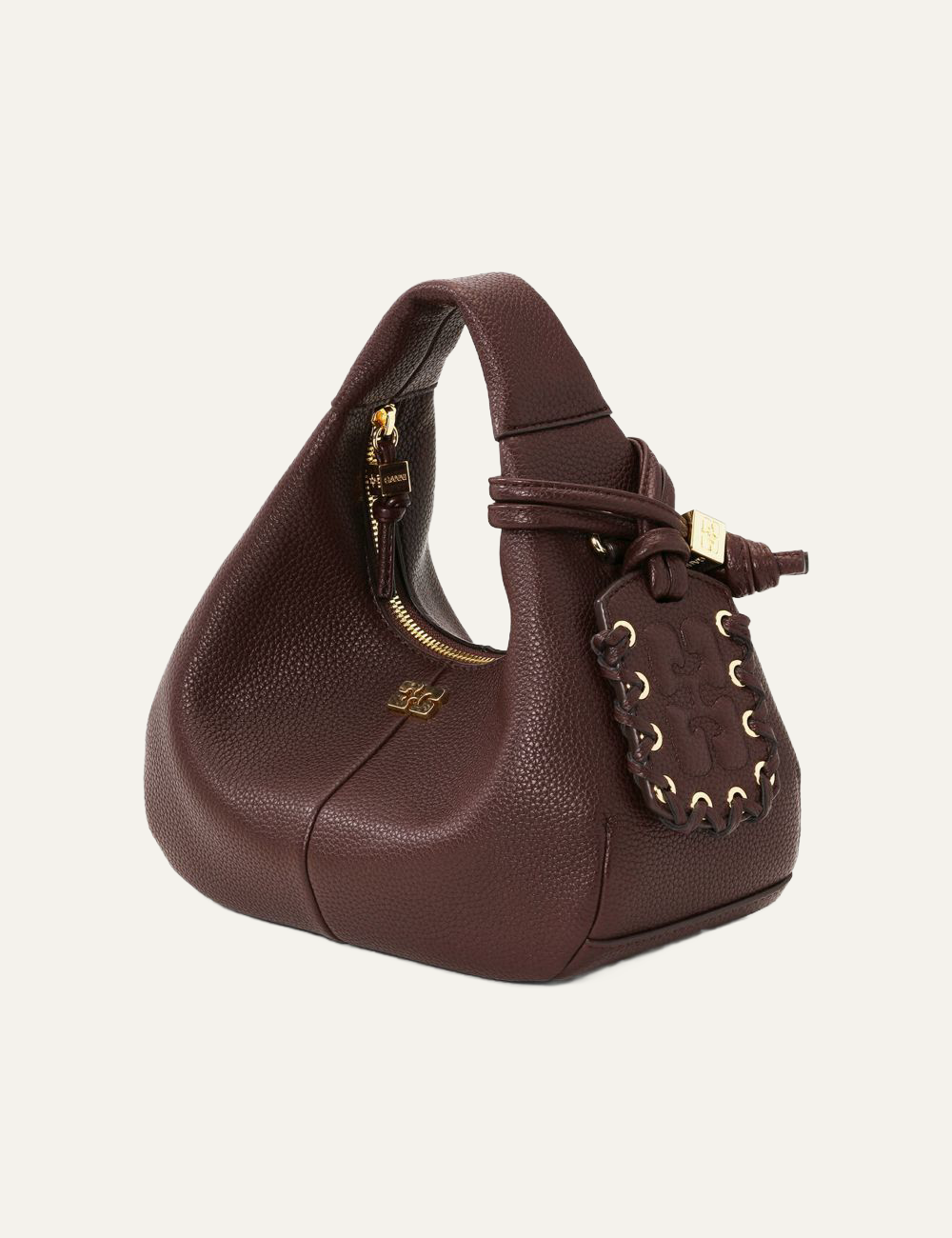 Side view of Ganni Hobo Mini grained bag in chicory coffee.