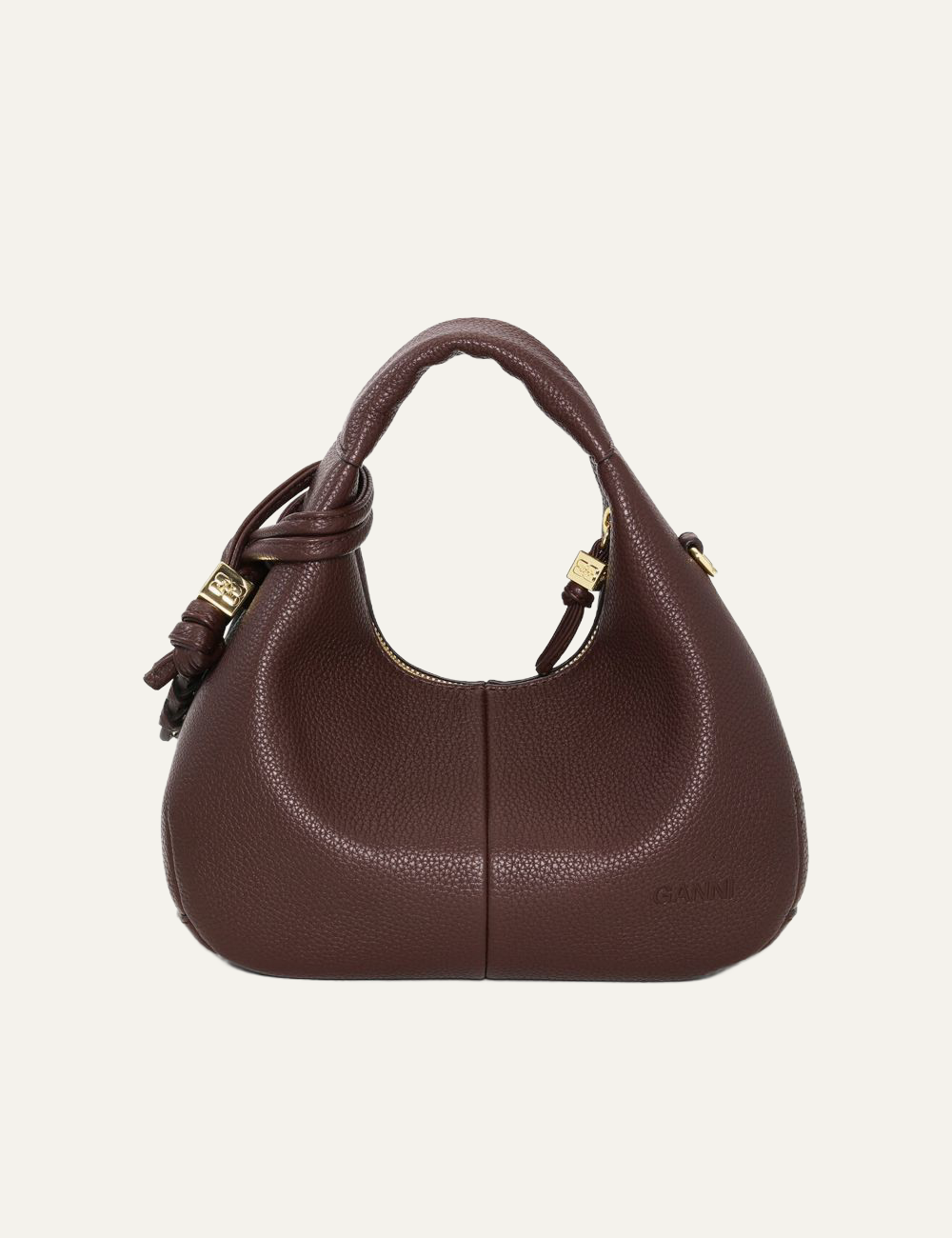 Front view of Ganni Hobo Mini grained bag in chicory coffee.