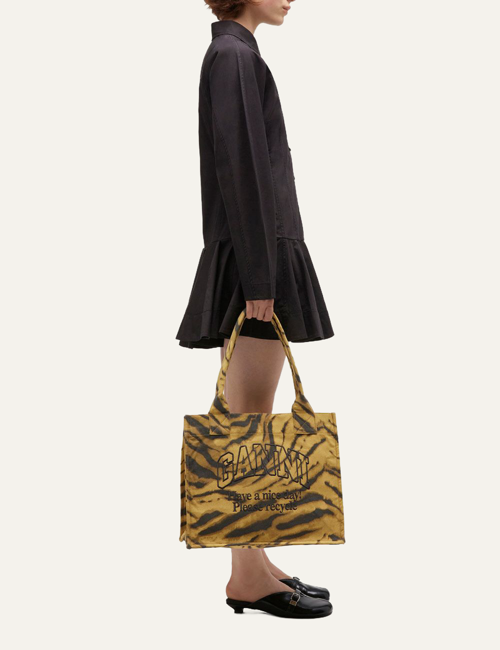 ganni large easy shopper print zebra worn on model