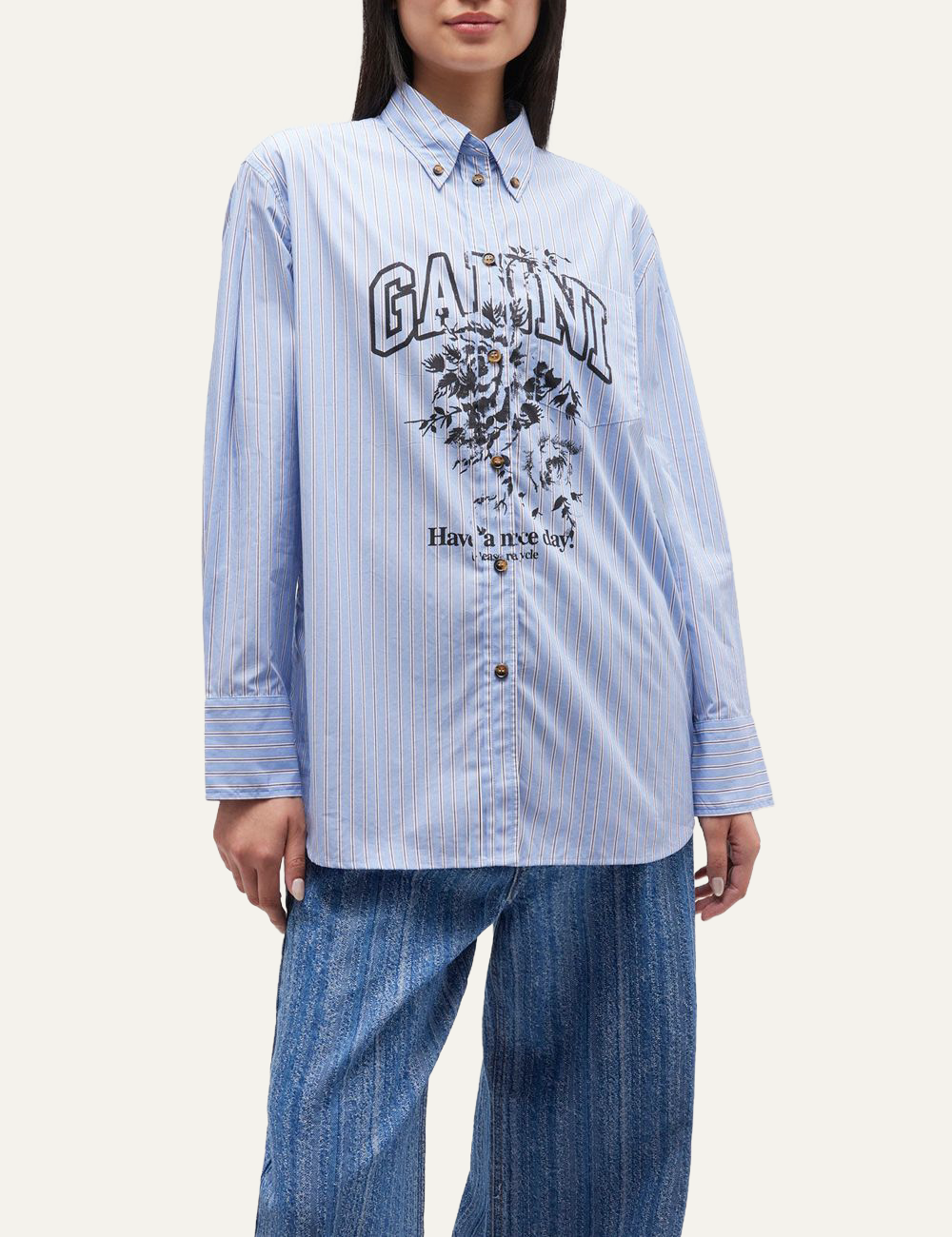 ganni oversized shirt lavender lustre worn on model front