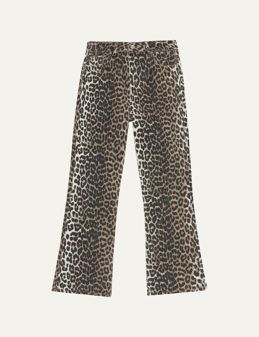 ganni denim betzy cropped leopard pants front view