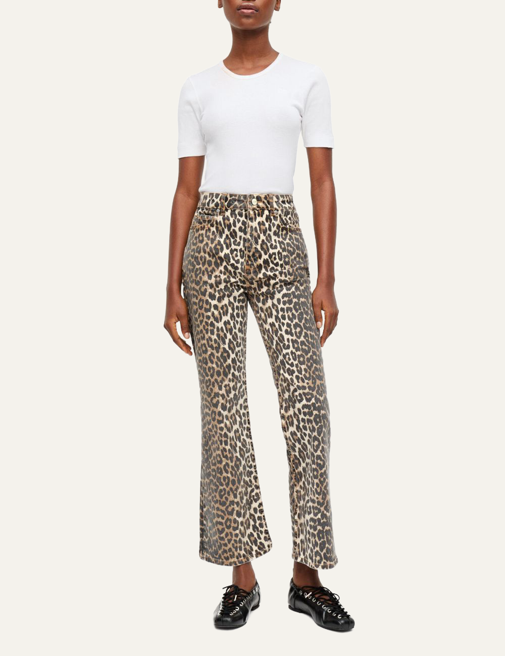 ganni denim betzy cropped leopard pants worn on model