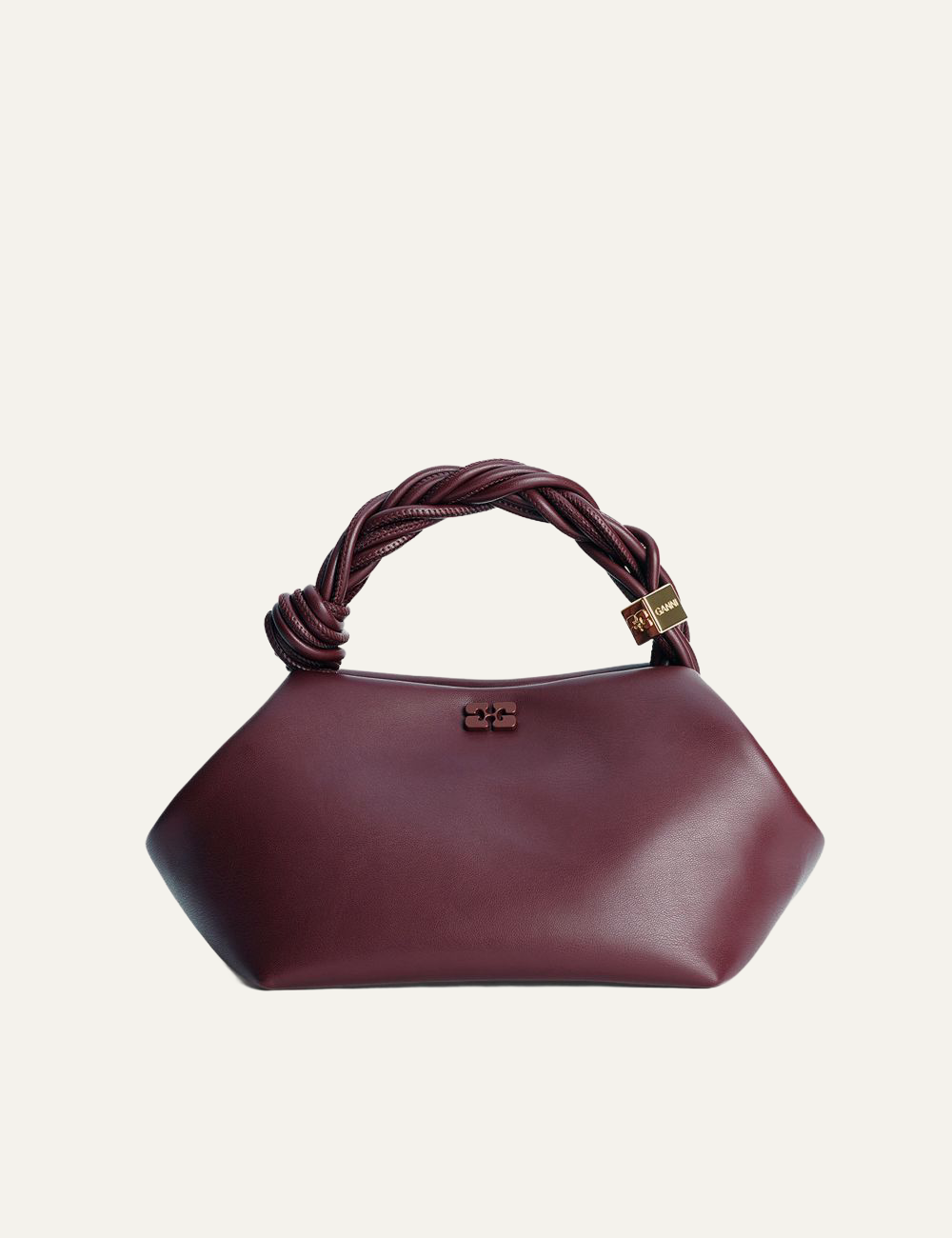 Burgundy small leather handbag with twisted handle by Ganni
