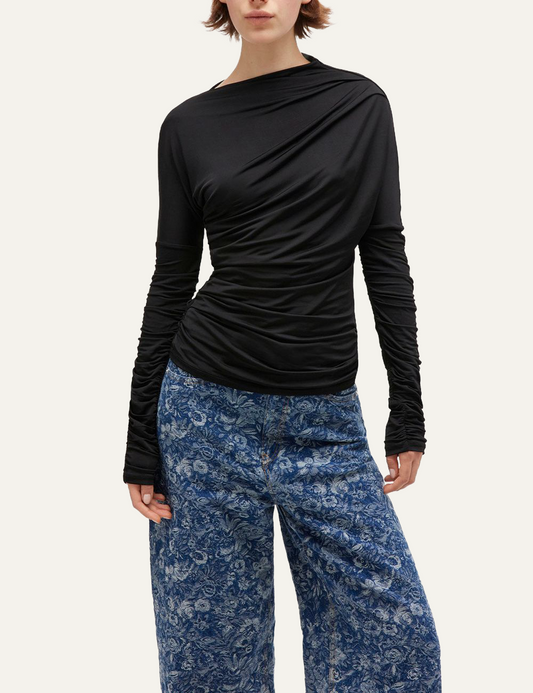 ganni ruched top black front view model