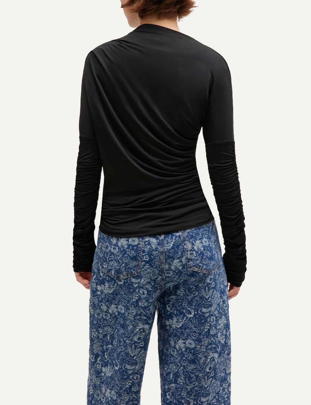 ganni ruched top black back view model