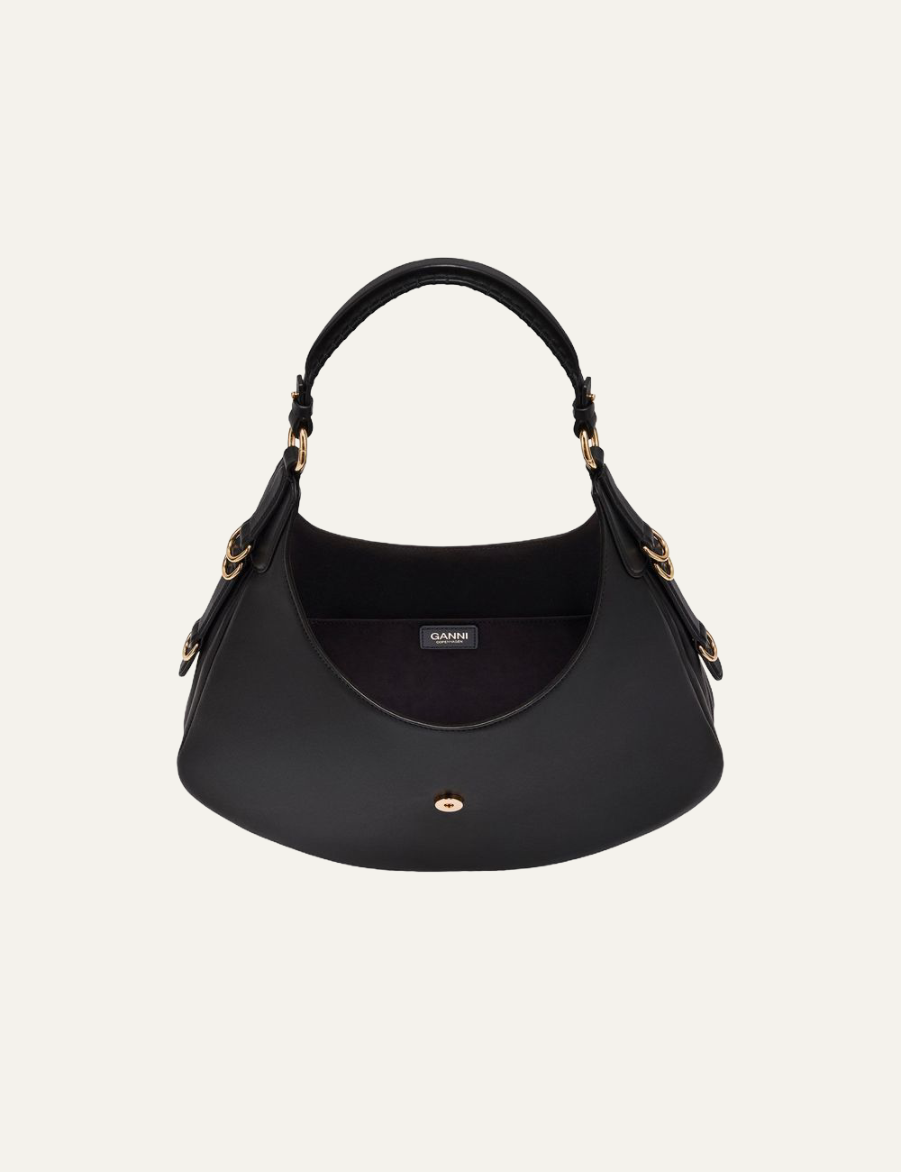 ganni kat small gold black bag with butterfly clasp open