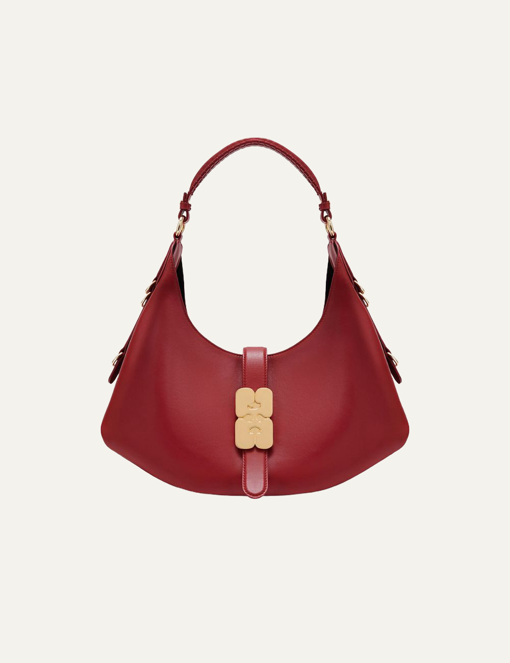 ganni kat small gold red dahlia bag with butterfly clasp front view