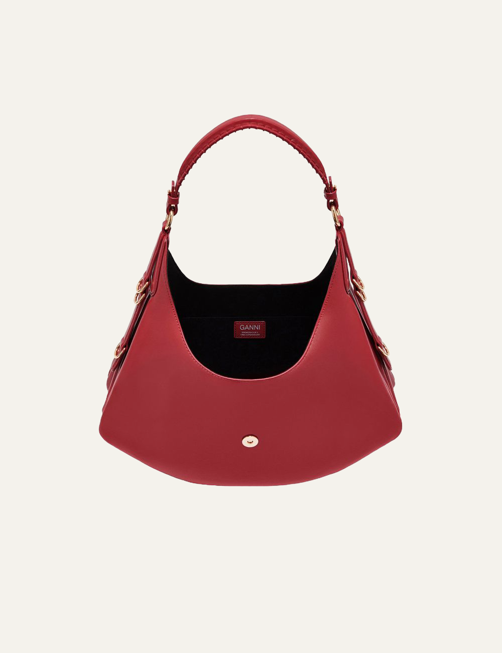 ganni kat small gold red dahlia bag with butterfly clasp open view