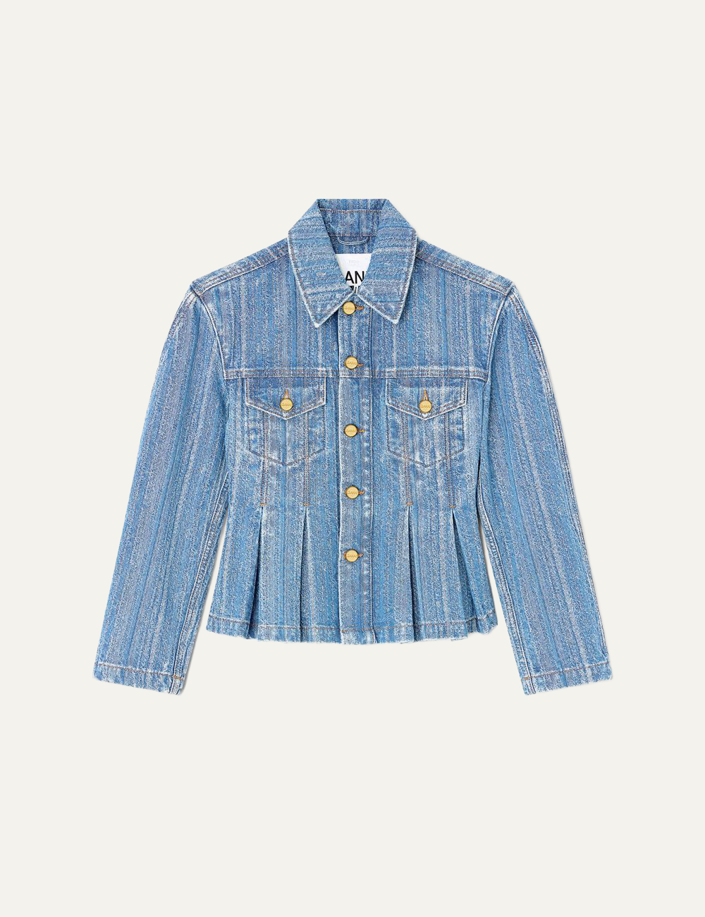 ganni denim jacket with classic collar and chest pockets front view