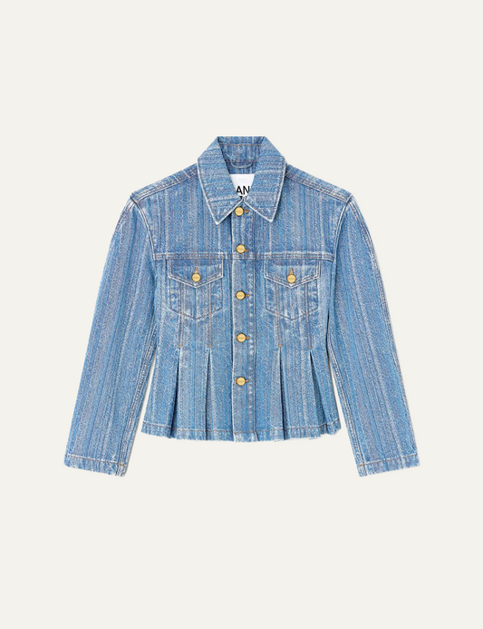ganni denim jacket with classic collar and chest pockets front view