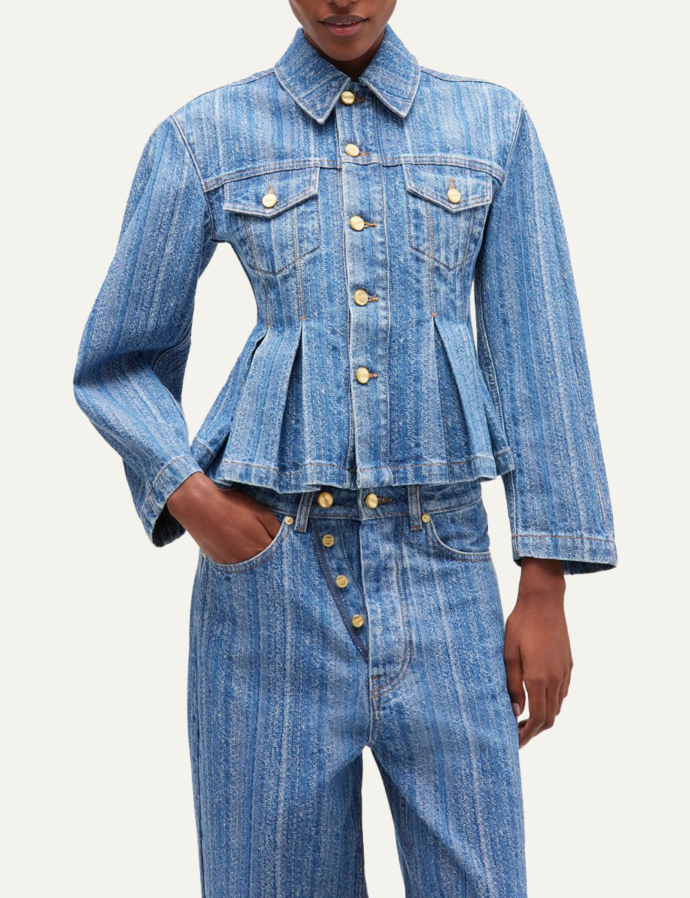 ganni denim jacket with classic collar and chest pockets front view model