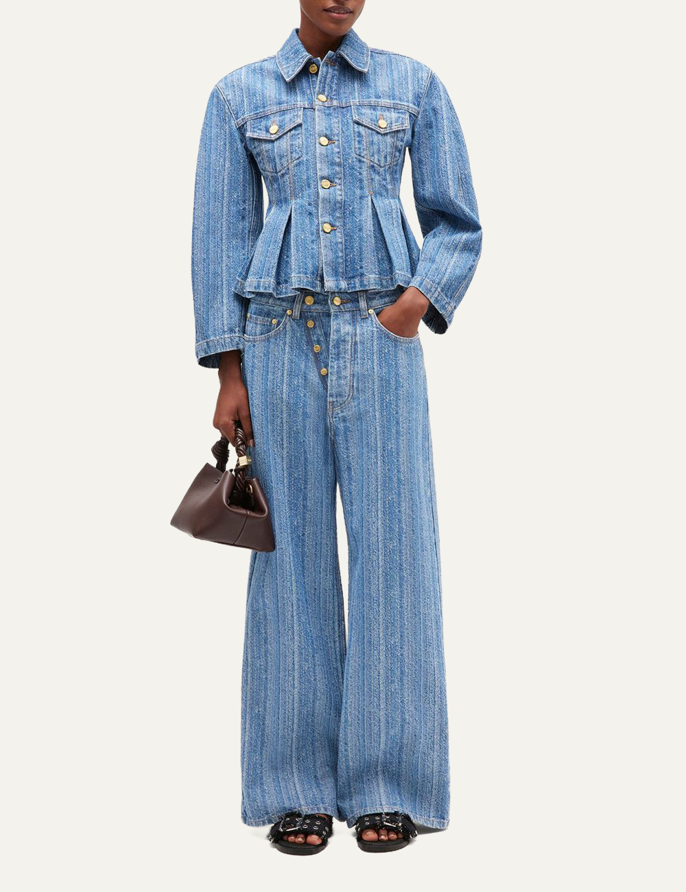 ganni denim jacket with classic collar and chest pockets full body view