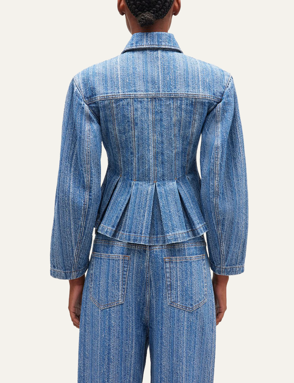 ganni denim jacket with classic collar and chest pockets back view
