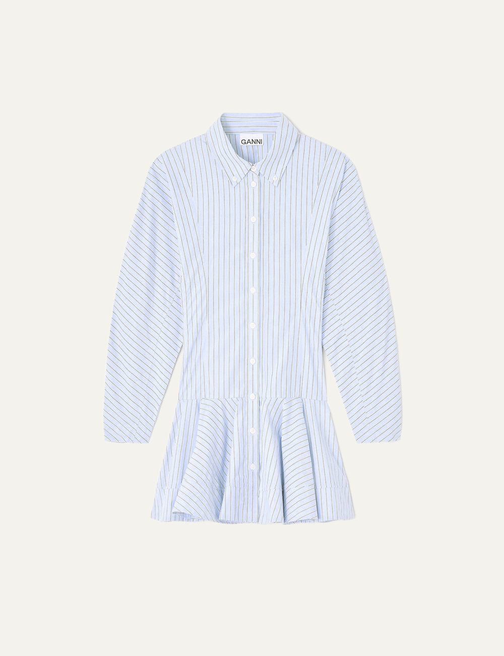 ganni striped dress with classic collar and ruffled hem
