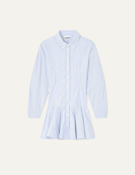 ganni striped dress with classic collar and ruffled hem