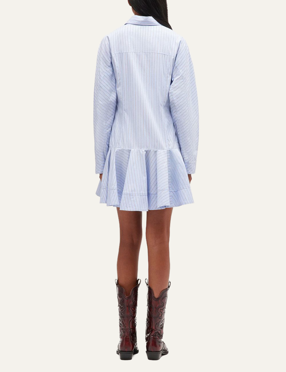 ganni striped dress with classic collar and ruffled hem full body model back