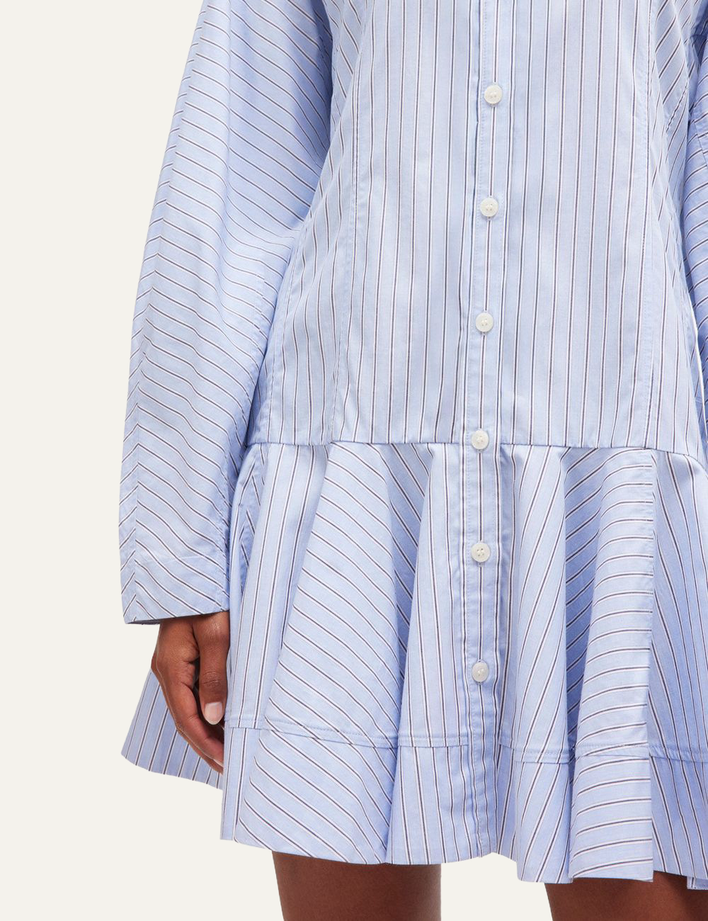 ganni striped dress with classic collar and ruffled hem details