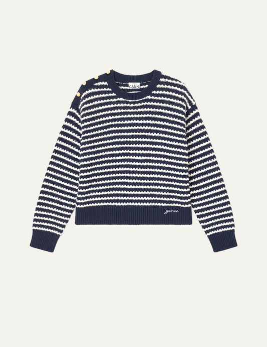 ganni dark blue striped wool jumper front view