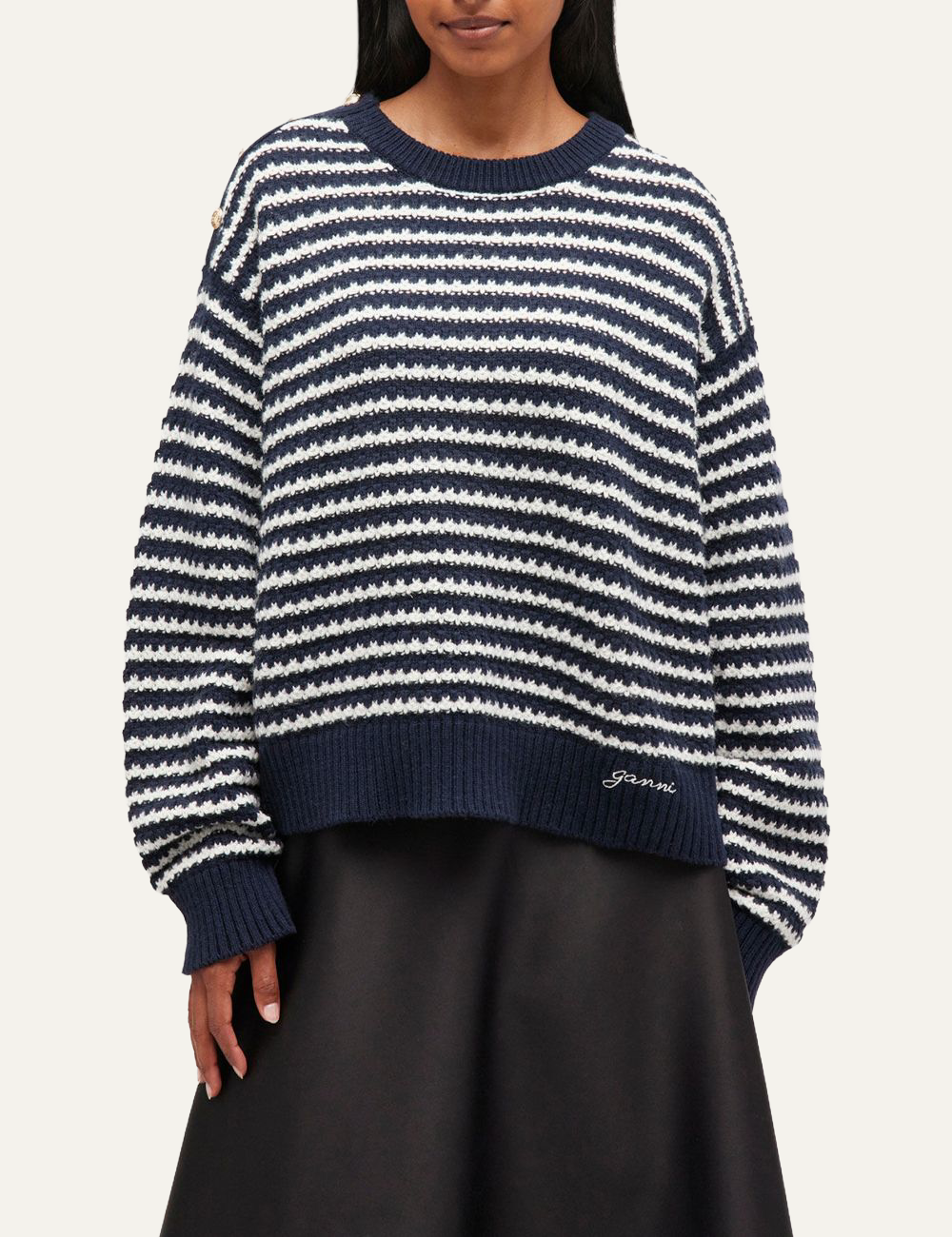ganni dark blue striped wool jumper front view on model