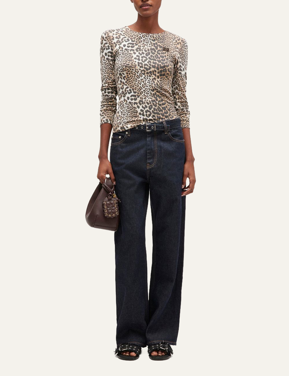 ganni rib leo long sleeve top full body view on model