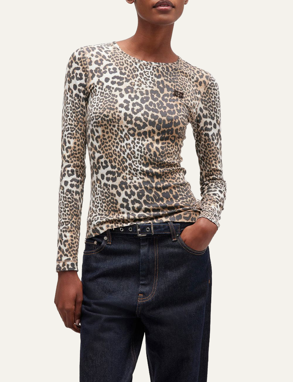 ganni rib leo long sleeve topfront view on model