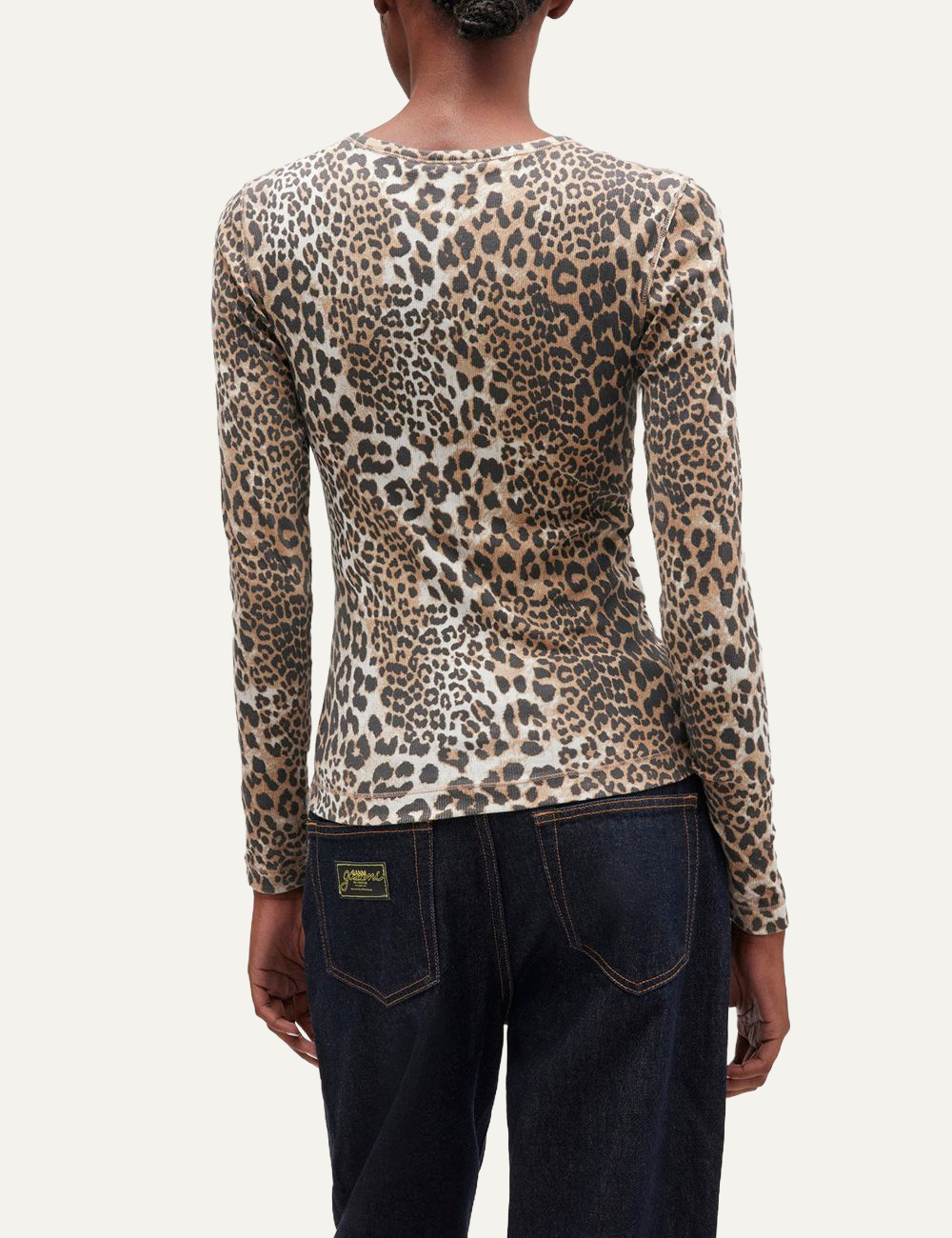 ganni rib leo long sleeve top back view on model