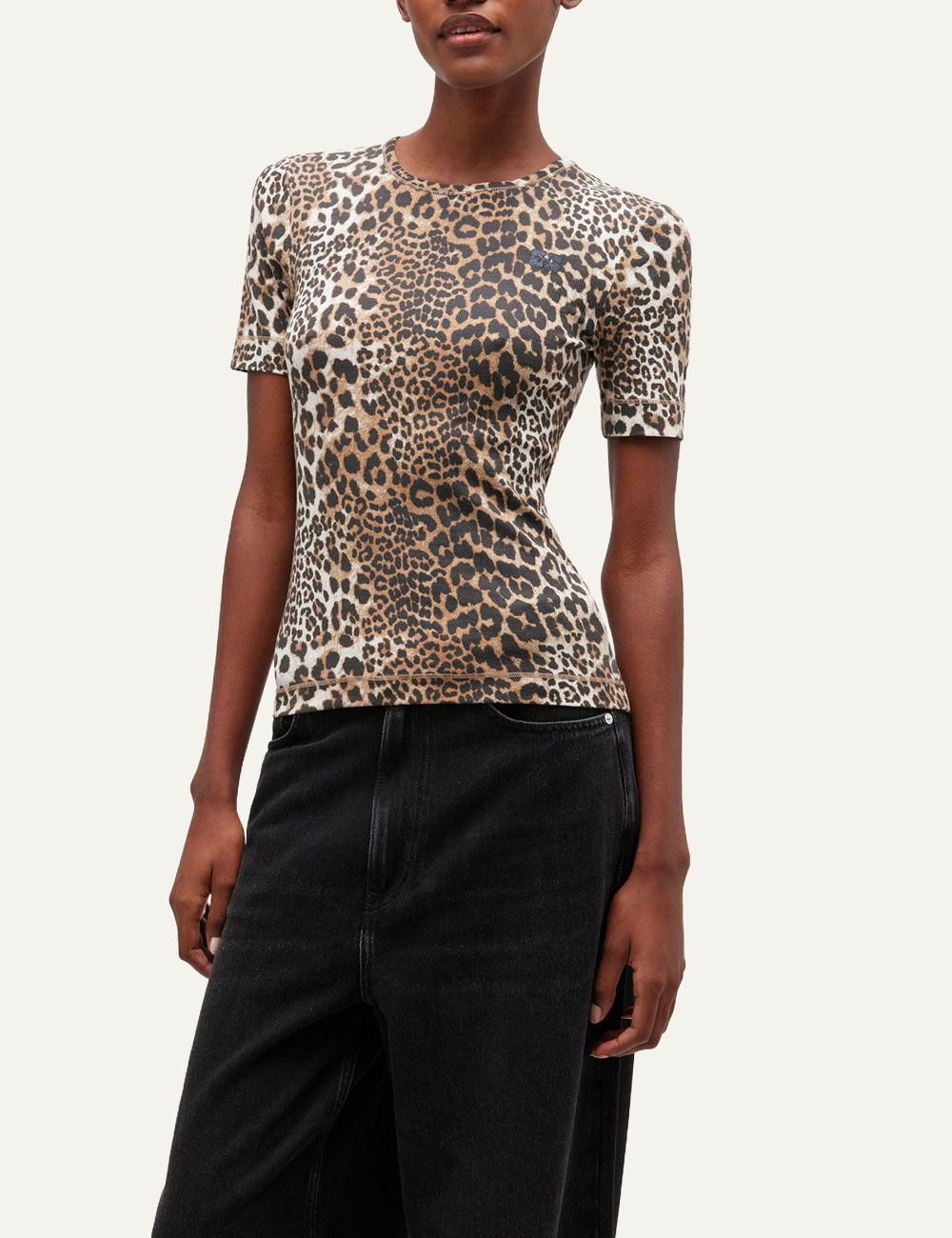 ganni rib short sleeve t-shirt front view on model