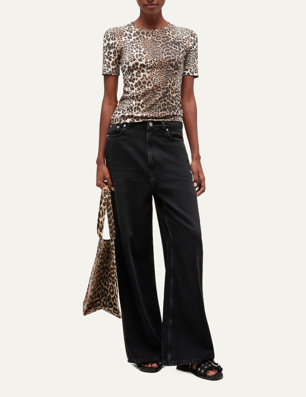 ganni rib short sleeve t-shirt full body view on model