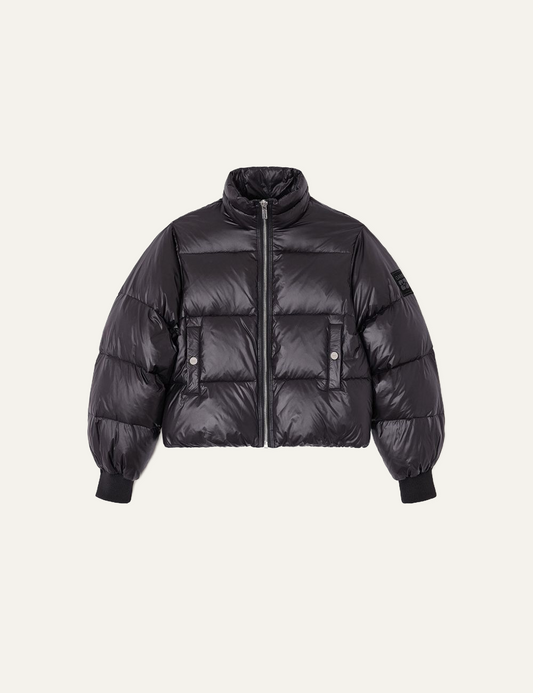 ganni shiny short puffer jacket front view
