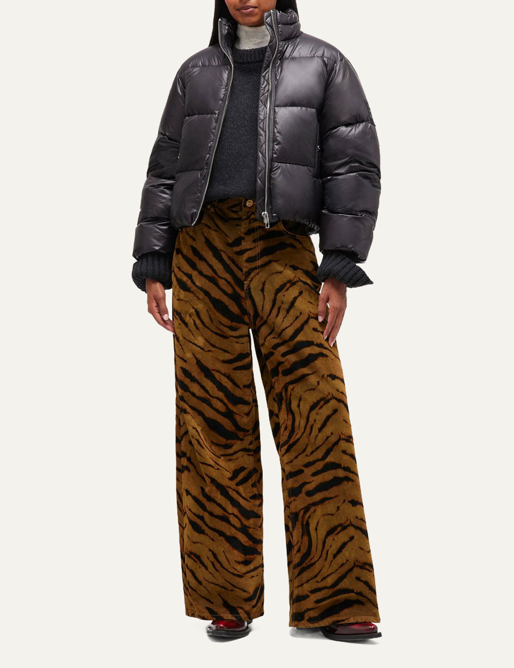 ganni shiny short puffer jacket front view full body open view on model