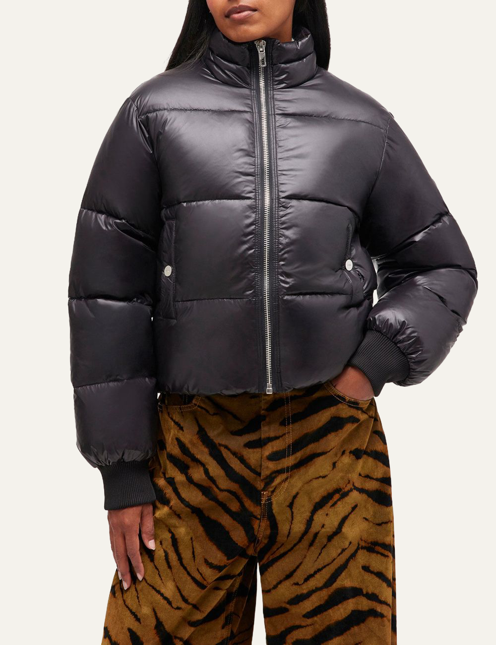 ganni shiny short puffer jacket front view on model