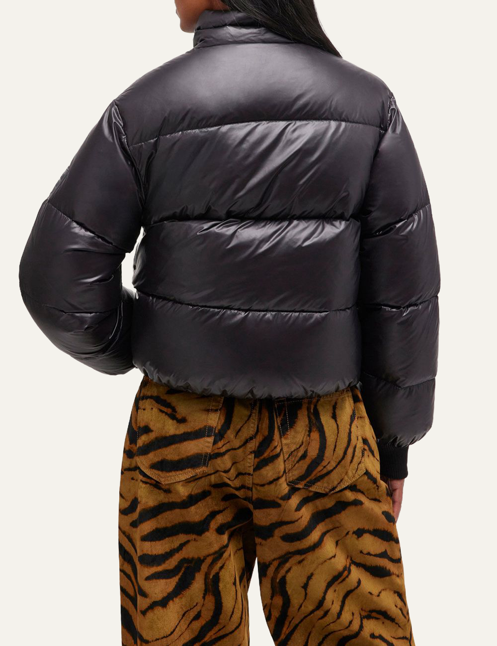 ganni shiny short puffer jacket back view on model