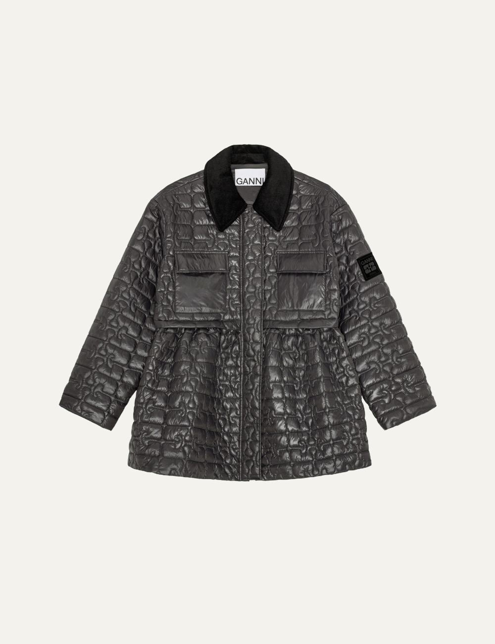 ganni shiny quilt midi jacket flare front view