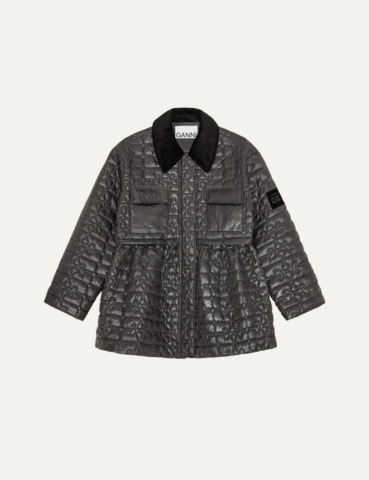 ganni shiny quilt midi jacket flare front view