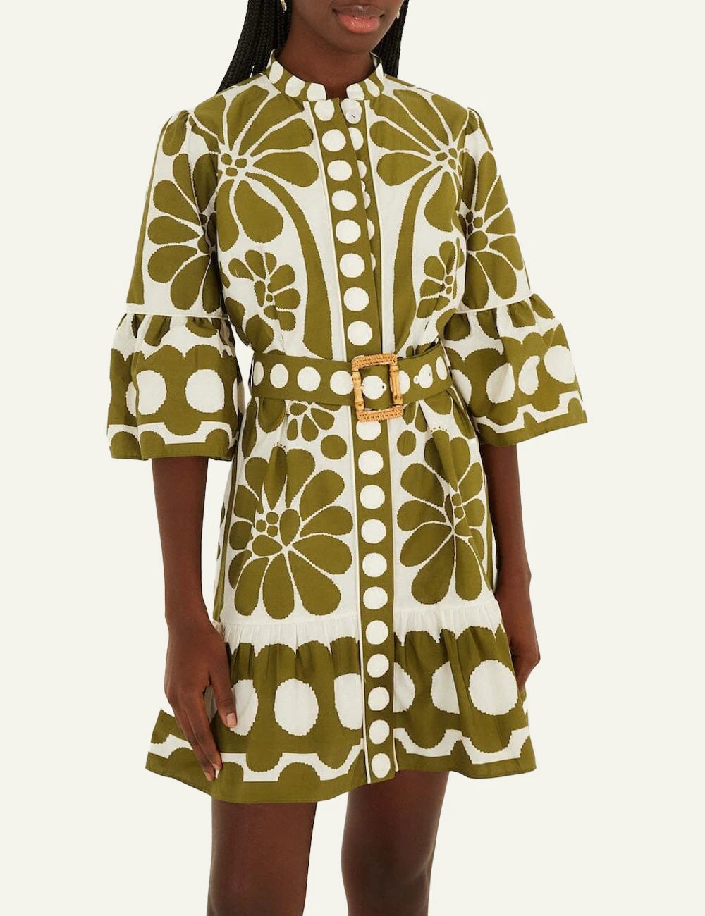Farm Rio Floral Belted Dress Olive White Front