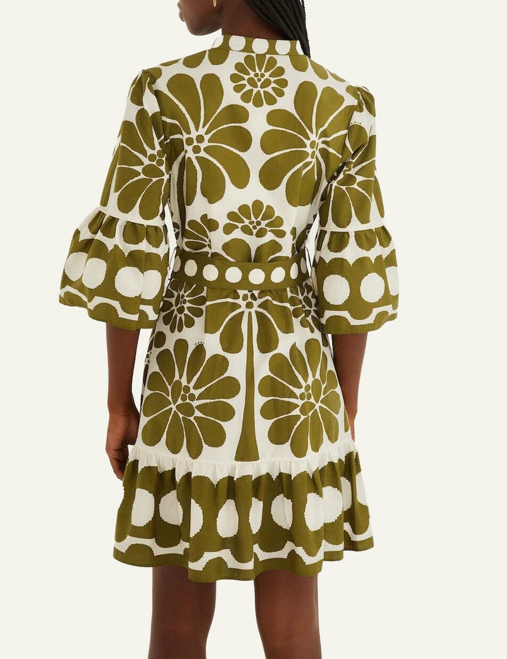 Farm Rio Floral Belted Dress Olive White Back
