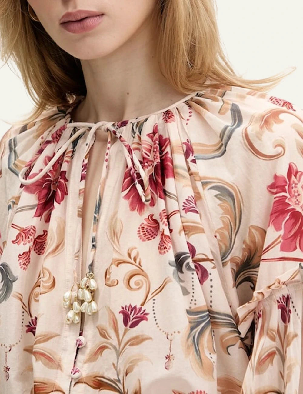 FARM Rio Floral Blouse Cream Pink Neck Tie Detail