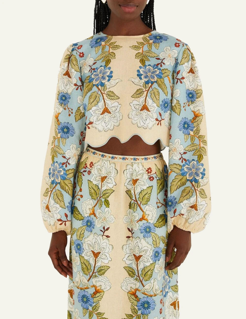 FarmRio Floral Set Crop Top Skirt Cream Blue Front
