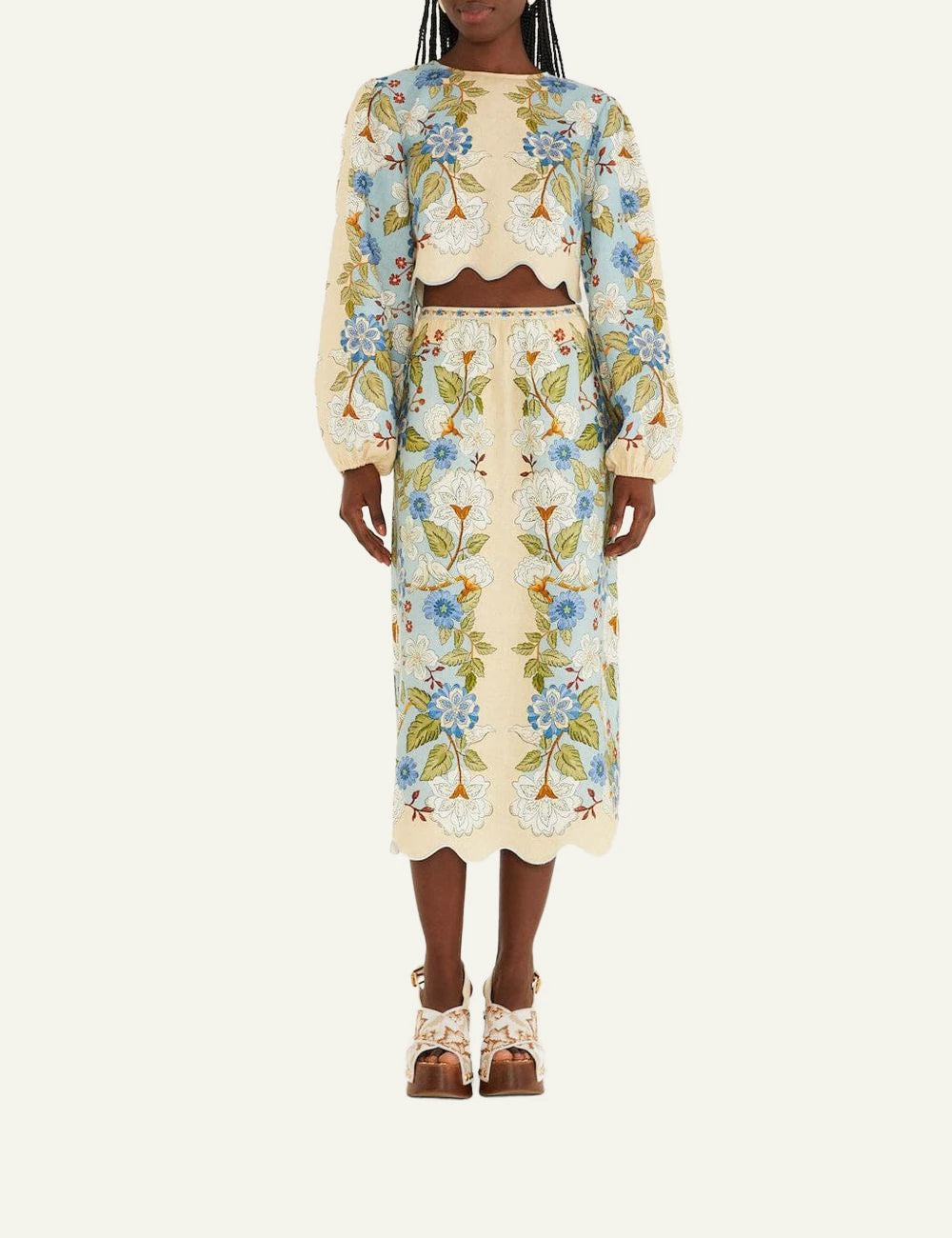 FarmRio Floral Set Crop Top Skirt Cream Blue Full Look