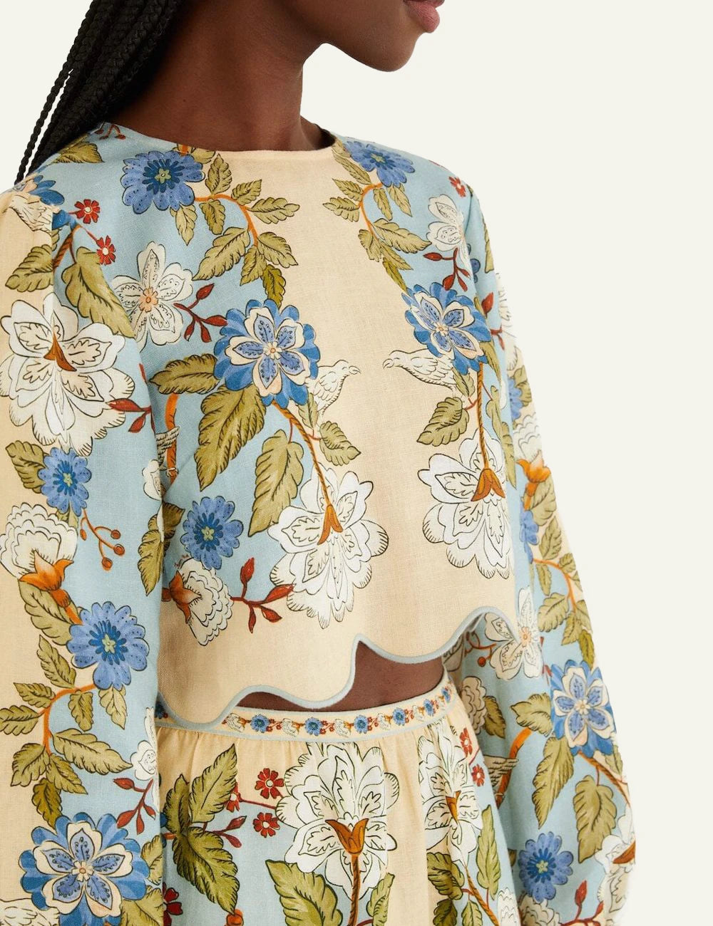 FarmRio Floral Set Crop Top Skirt Cream Blue Detail