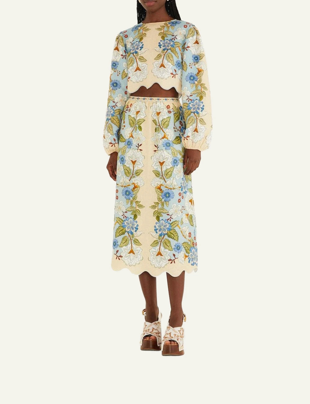FarmRio Floral Midi Skirt LightBlue FullLook