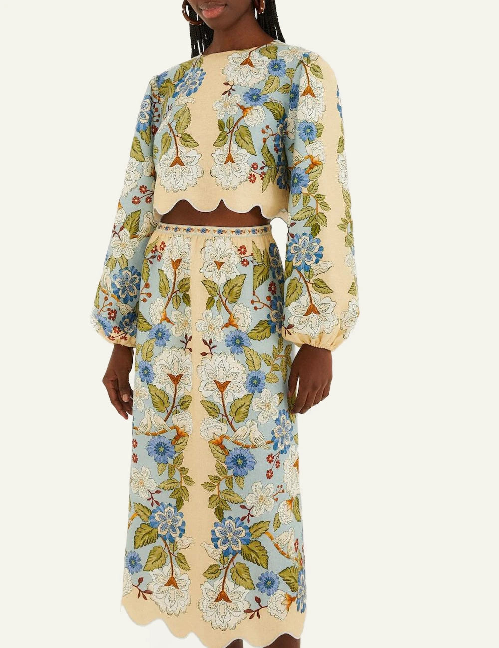 FarmRio Floral Midi Skirt LightBlue Front