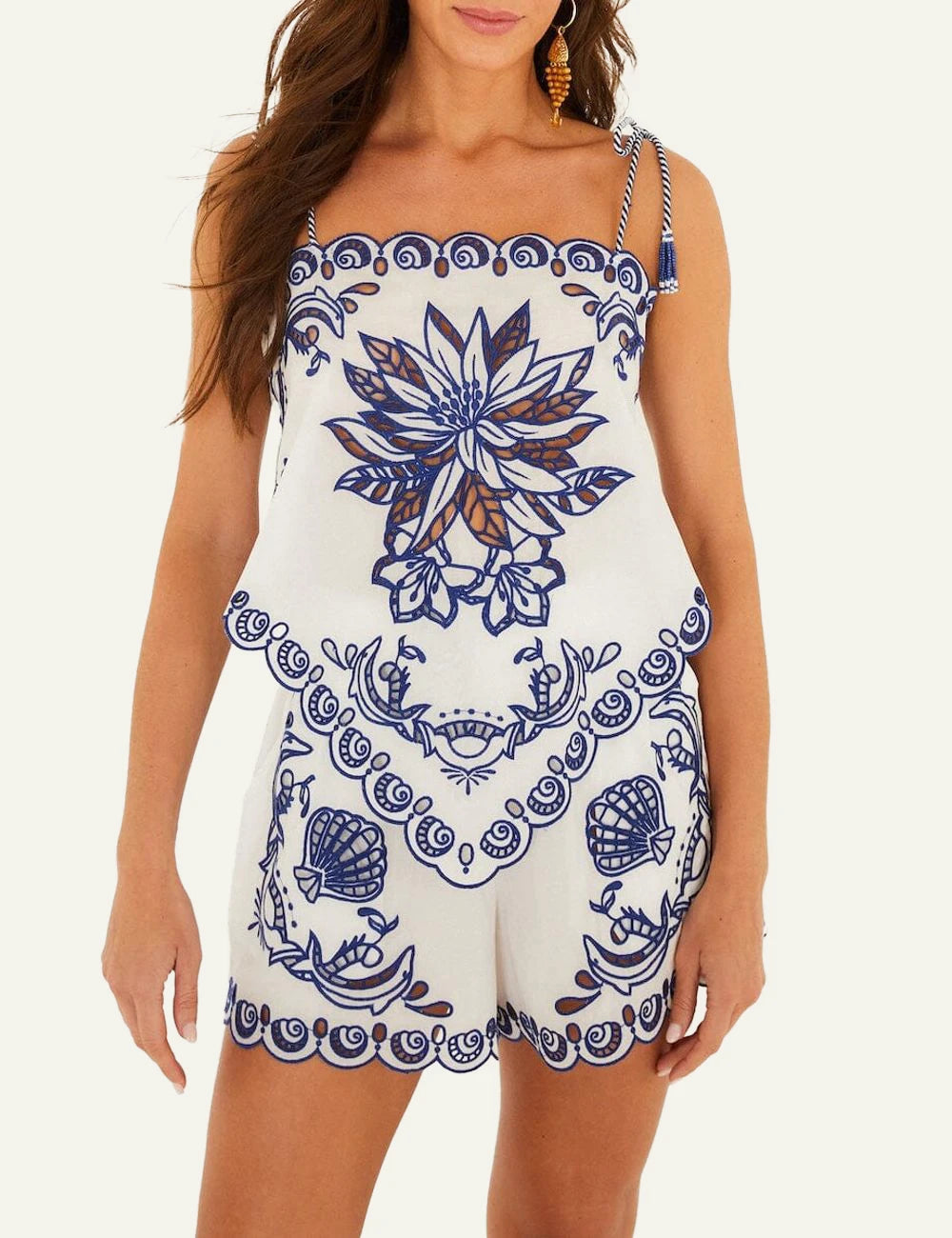 Farm Rio Blue Embroidered Romper White Front