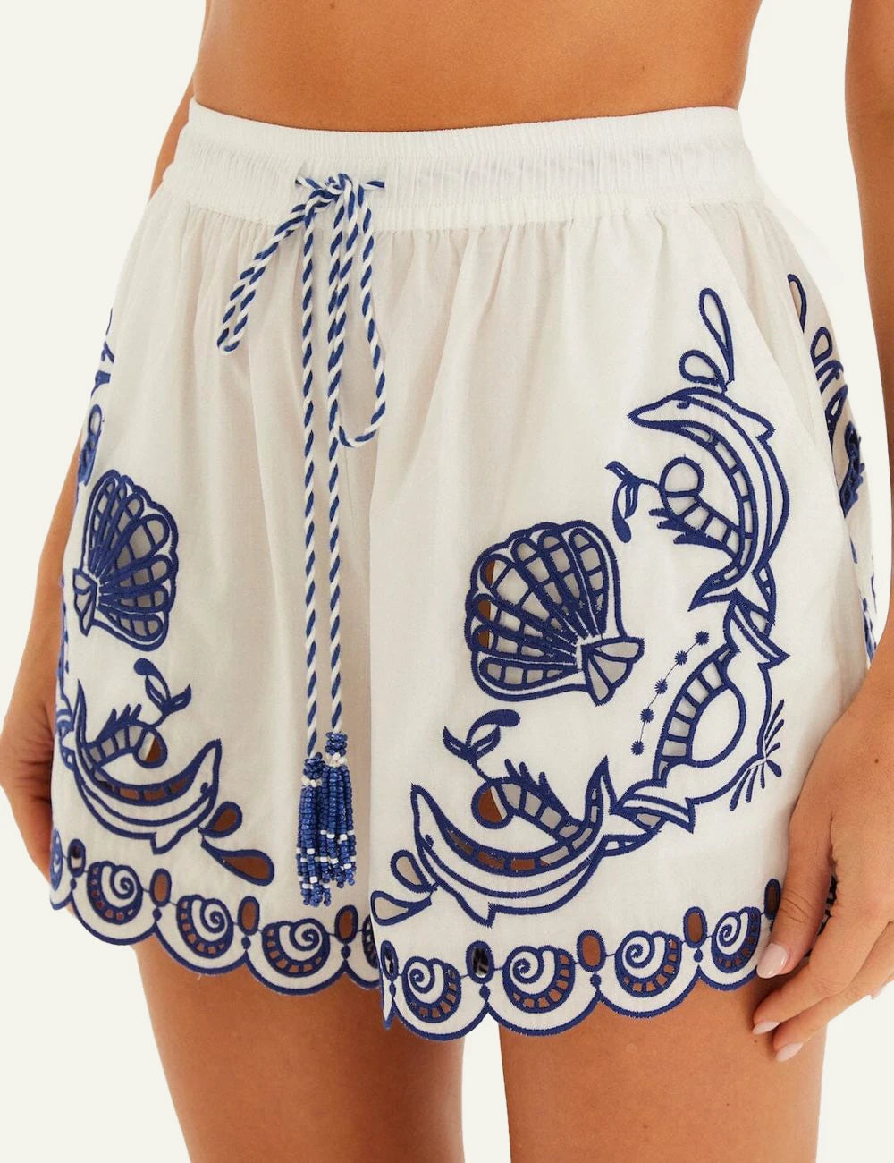 Farm Rio Embroidered Romper White Blue Detail