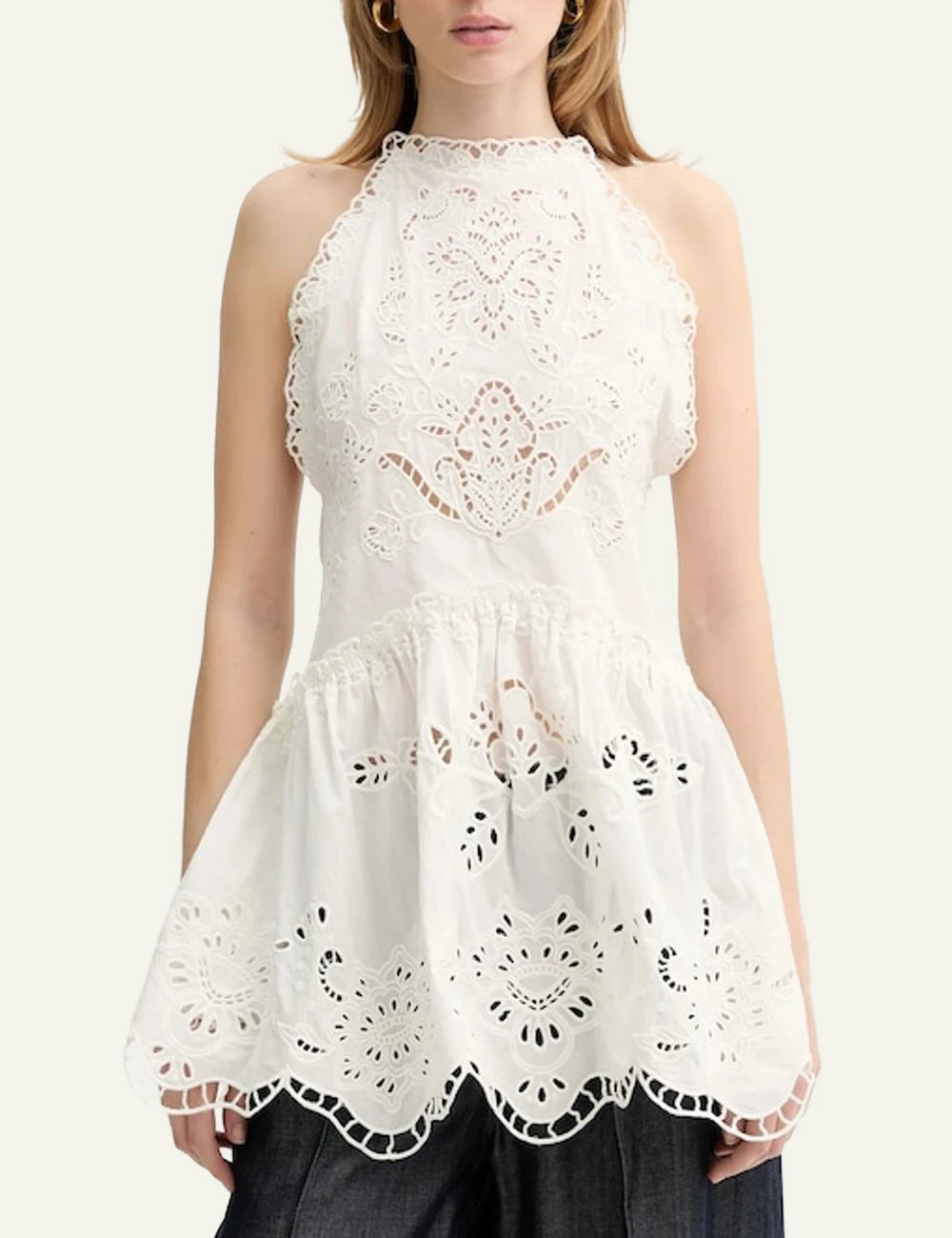 Farm Rio Embroidered Halter Top White Front