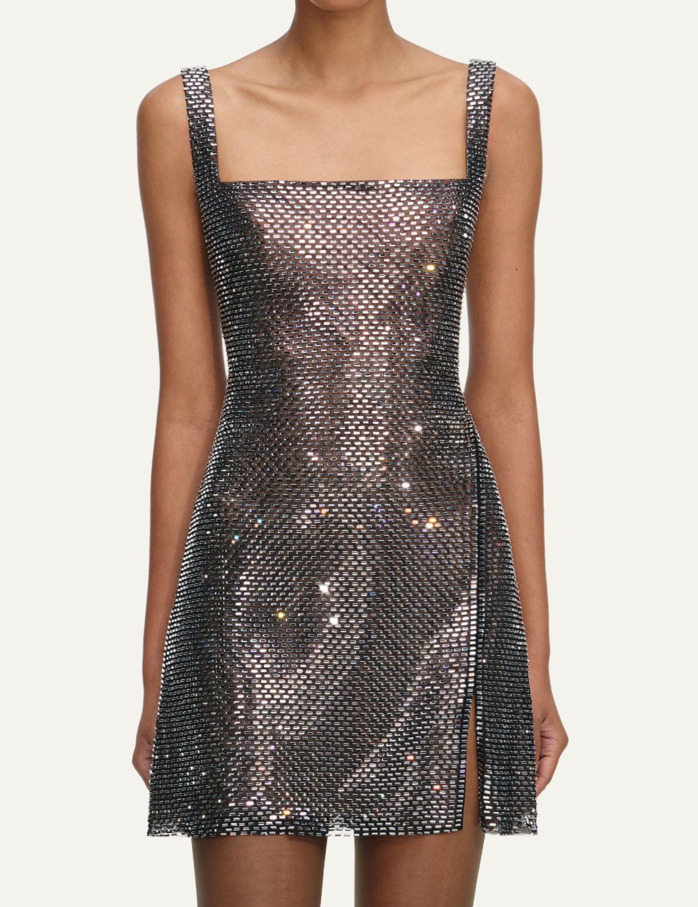 Self-Portrait mesh mini dress in grey with rhinestone details – close view